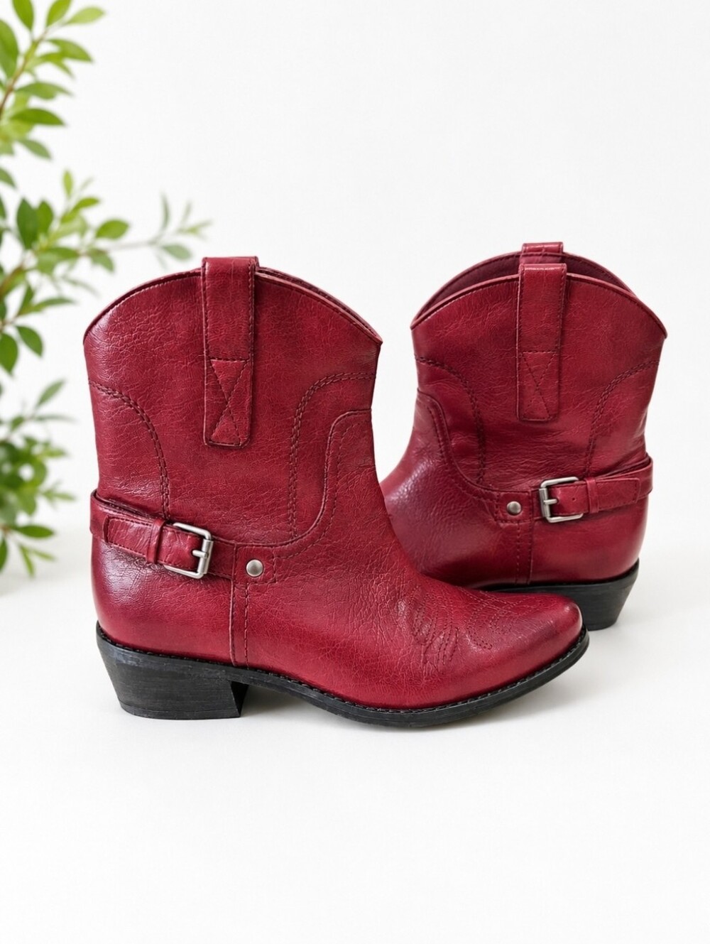 Franco Sarto Burgundy Leather Western Ankle Boots Women's 7.5 Buckle Cowboy Boot